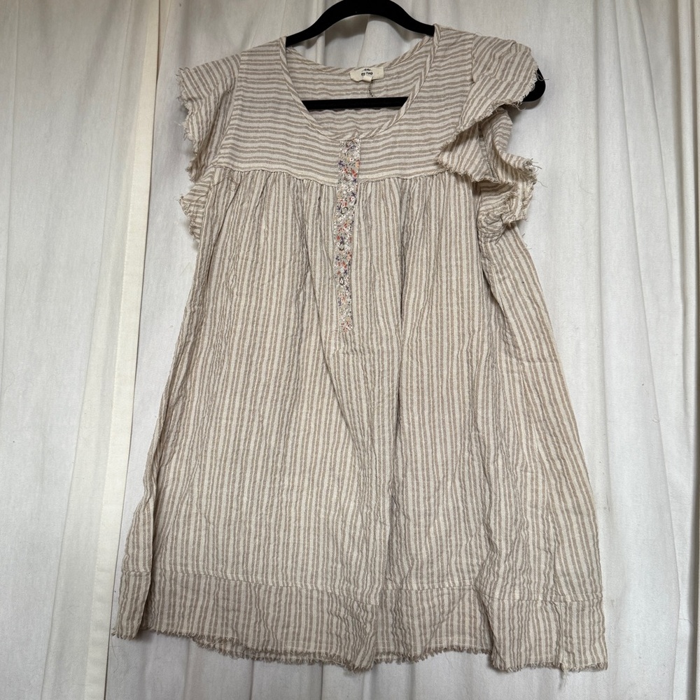 Entro Medium Cream and Beige Striped Tank Top with Ruffle Sleeve, Floral Detail